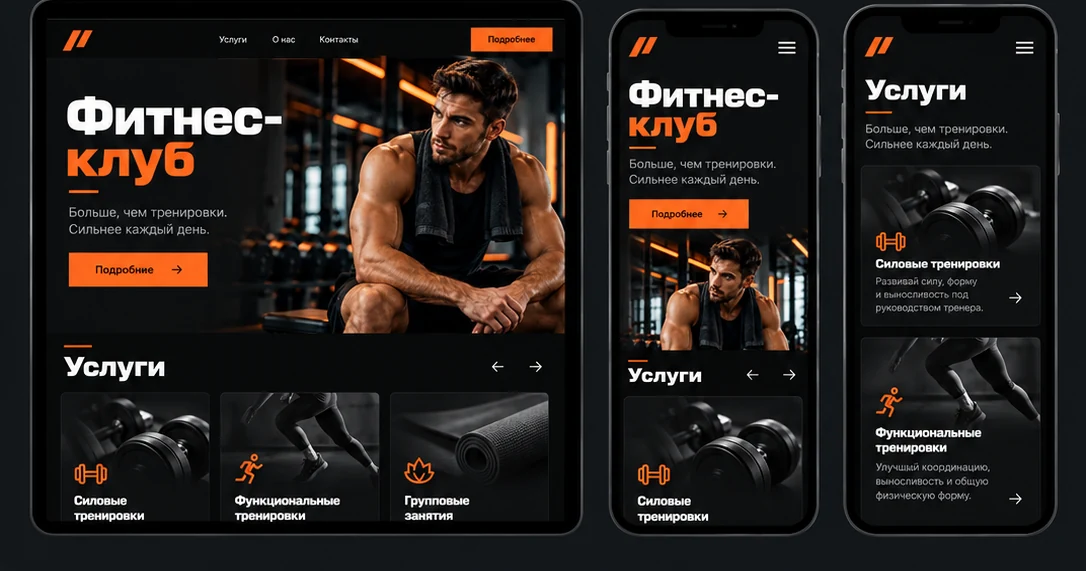 Дизайн Фитнес-клуб на планшете и телефонах