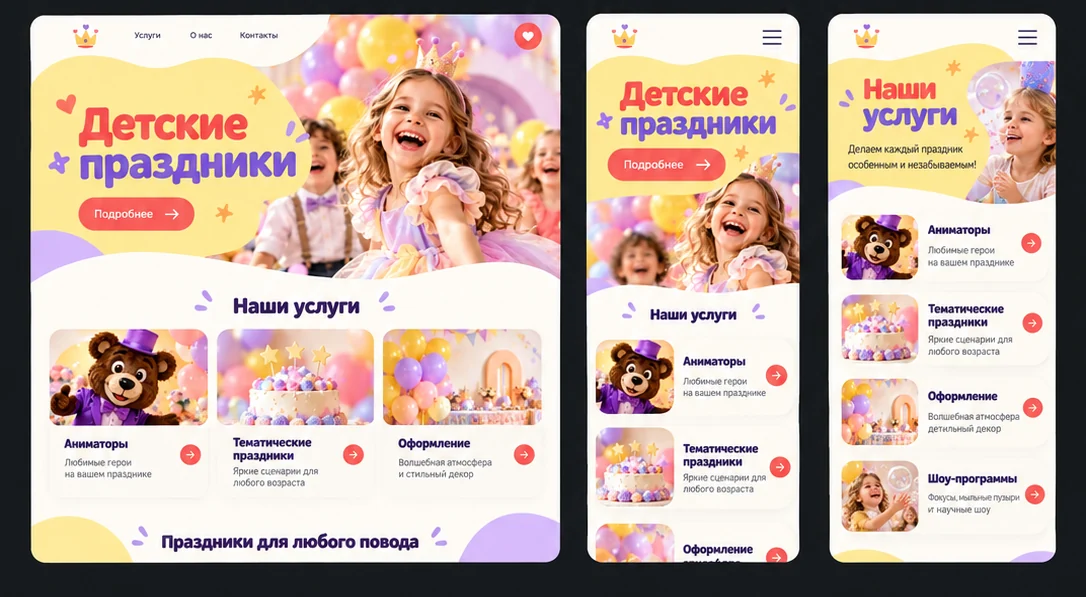 Дизайн Детские праздники на планшете и телефонах