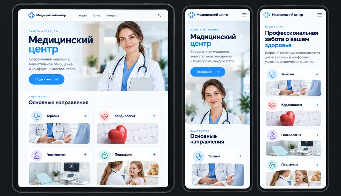 Дизайн Медицинский центр на планшете и телефонах