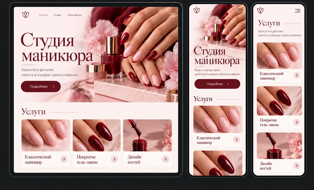 Дизайн Студия маникюра на планшете и телефонах