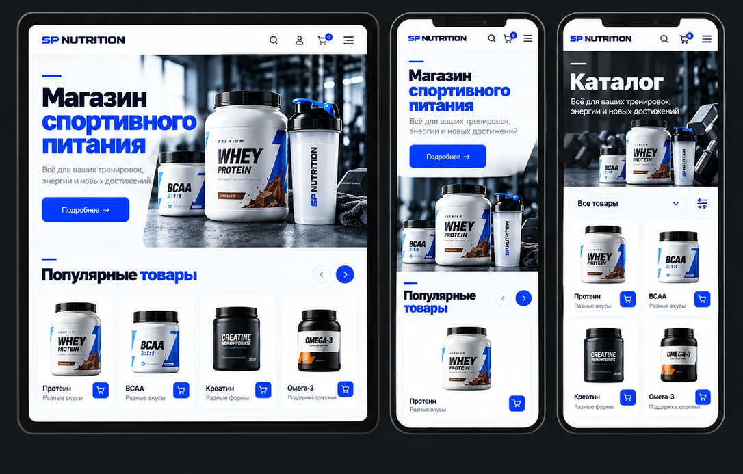 Дизайн Магазин спортивного питания на планшете и телефонах
